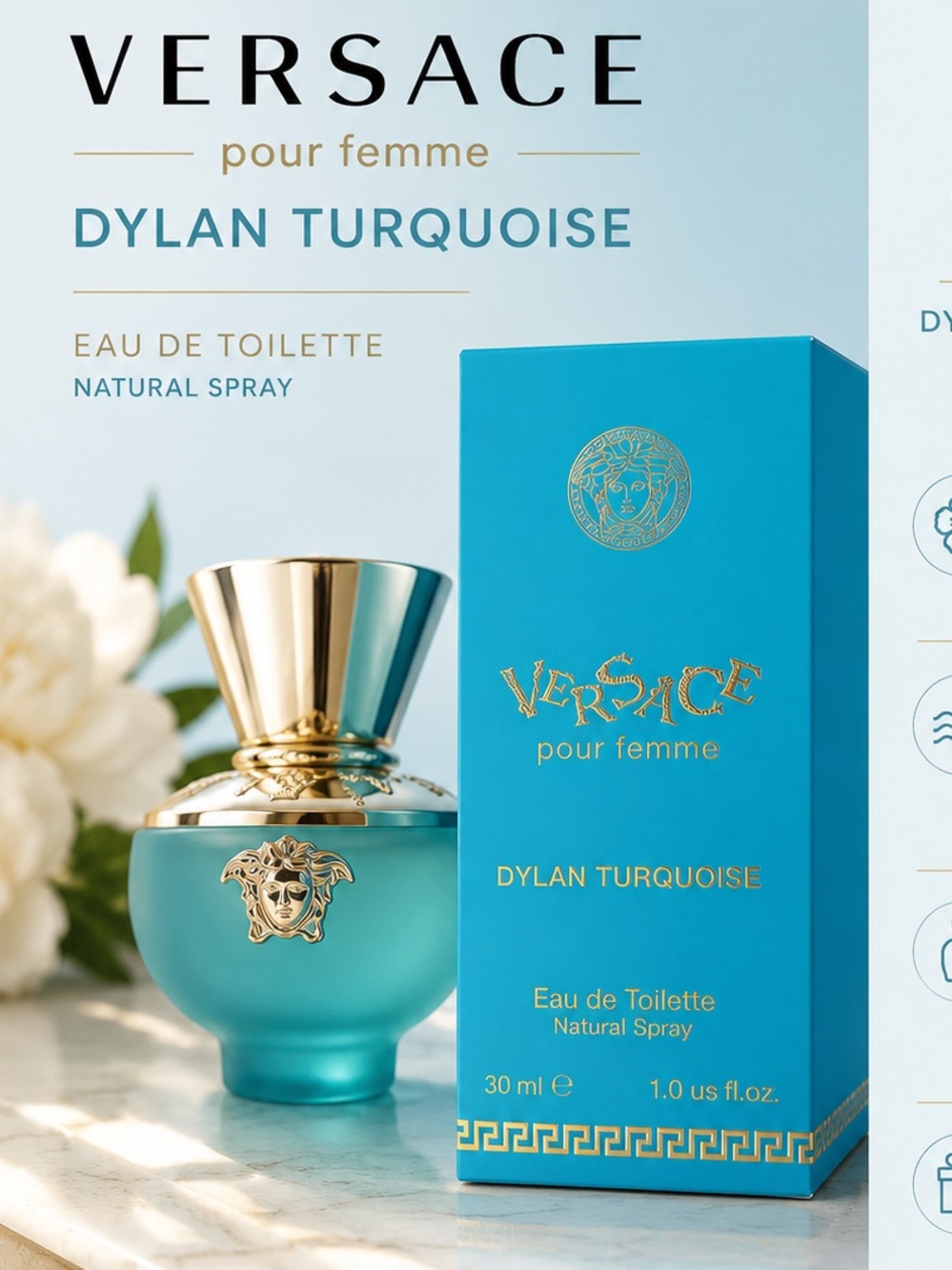 New 30 ML Versace Dylan Turquoise Pour Femme Eau de Toilette - Turquoise - Picture 1 of 3